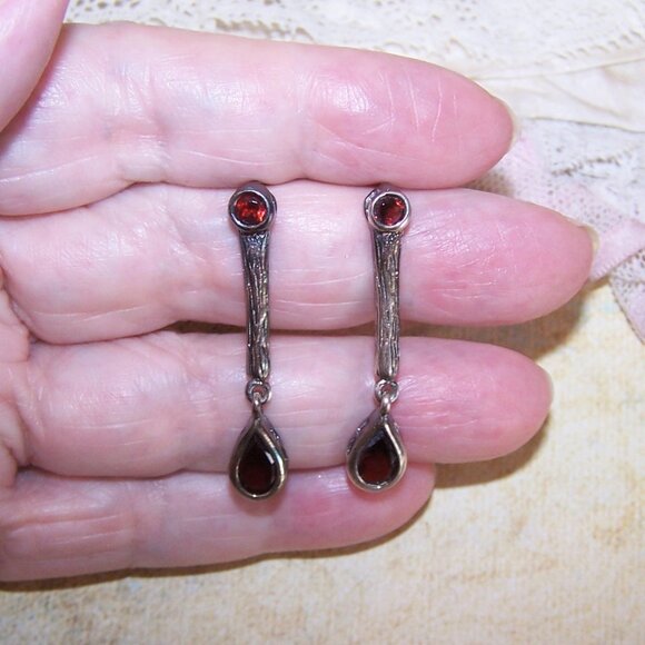 Vintage Sterling Silver Garnet Dangle Earrings - Posts with Nuts - Picture 3 of 9